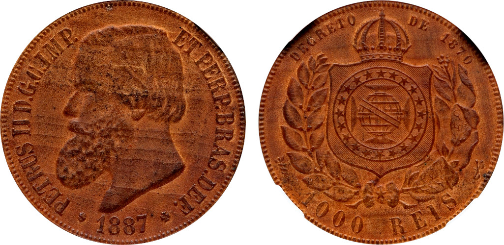 Prova 1887 Prova em Madeira 1000 Réis D. Pedro II
