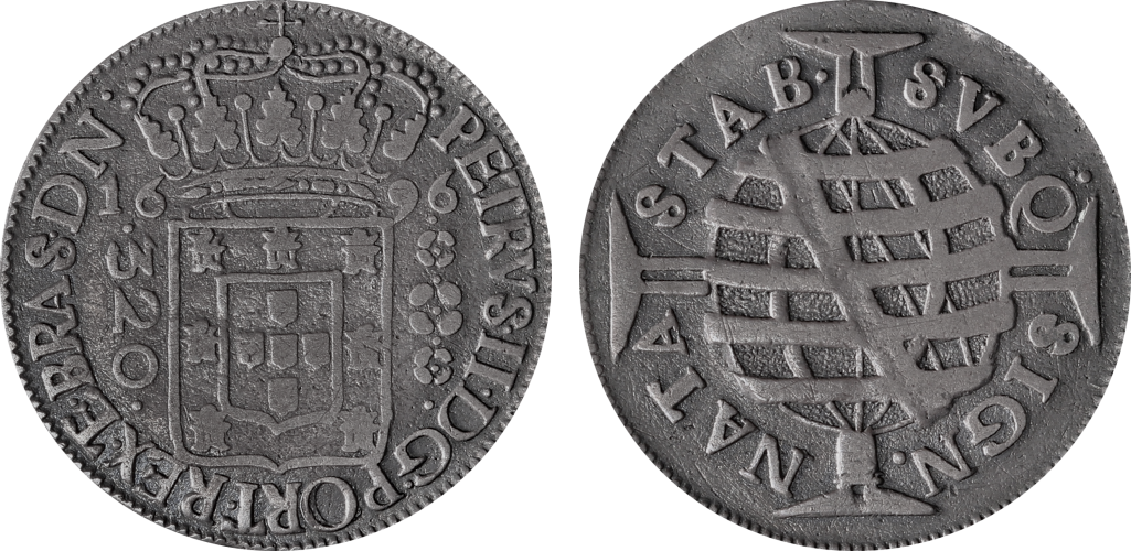 Imagem da data 1696 – DG • PORT • REX • E • BRAS • DN • 3 Florões.