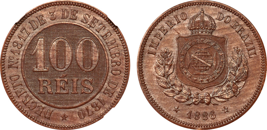 Prova 1886 Prova em Madeira 100 Réis D. Pedro II