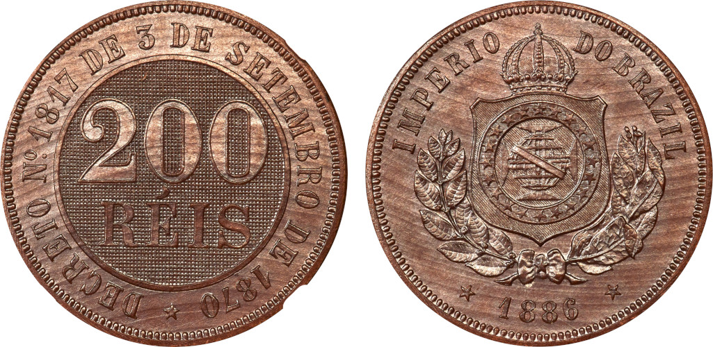 Prova 1886 Prova em Madeira 200 Réis D. Pedro II