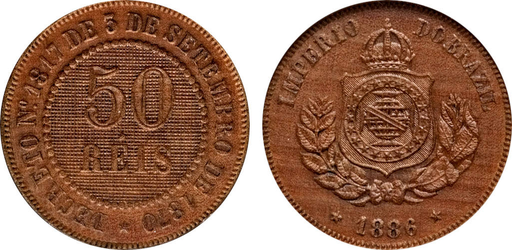 Prova 1886 Prova em Madeira 50 Réis D. Pedro II